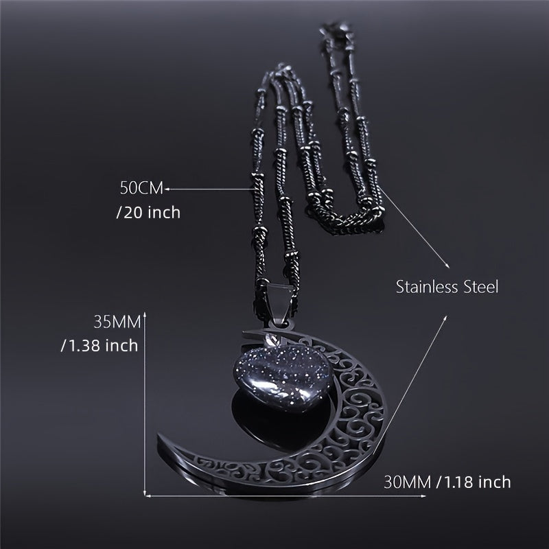 Black Color Stainless Steel Natural Stone Charm Necklace Women Moon Heart Necklace Jewelry Acero Inoxidable Joyeria