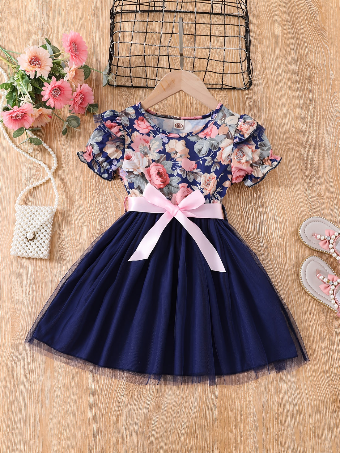 Toddler Girls Puff Sleeve Ruffle Trim Floral Graphic Mesh Belted Princess Dress For Party Kids Summer Clothes