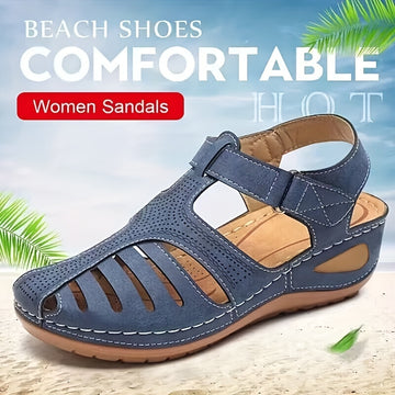 Platform Round Toe Sandals - Women's Wedge Heeled Ankle Strap Solid Color Summer Shoes