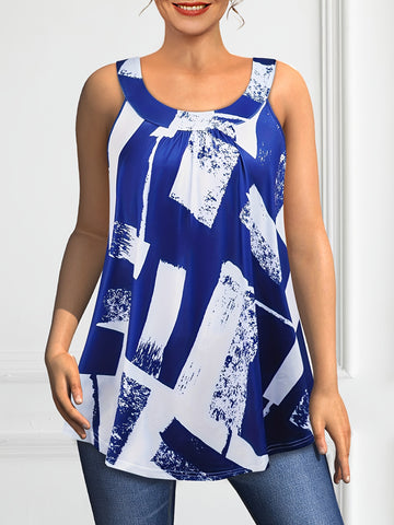 Plus Size Round Neck Colorblock Curved Hem Casual Tank Top