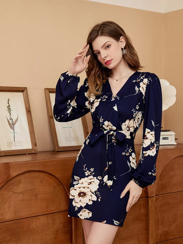 Floral Print V Neck Belted Elegant Dress - Long Sleeve, Vacation & Everyday Wear - For Women - Soft & Comfortable Fabric - Perfect Gift for Birthday & Special Occasions