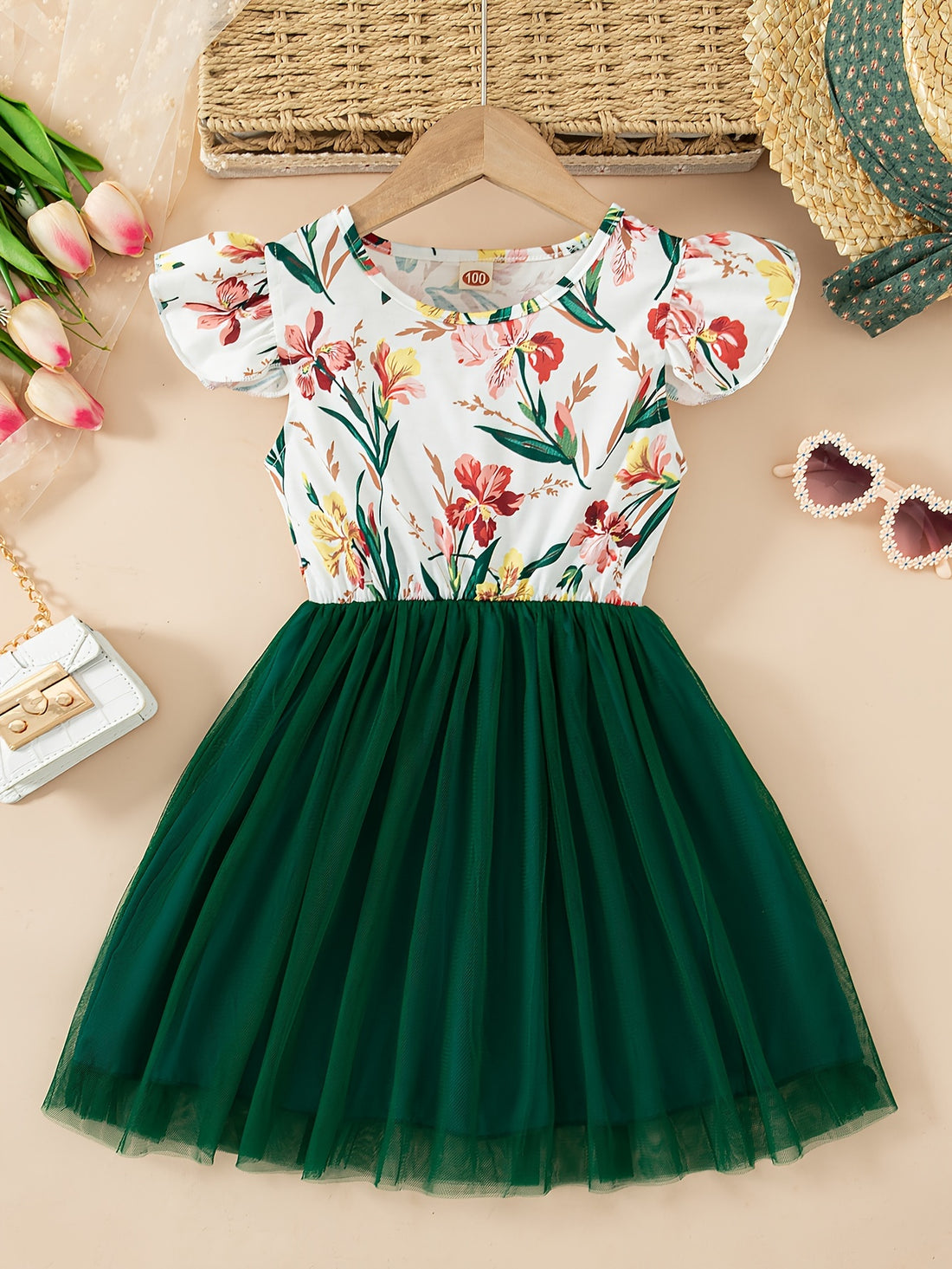 Girls' Floral dress - Floral print party & Everyday summer dress, Pastel pink Floral skirts, Machine Washable Girls' Clothing for Birthdays, Garden Parties, Family Outings - HWMFSNHFZ, Round Neckline Top, Nontransparent Fabri