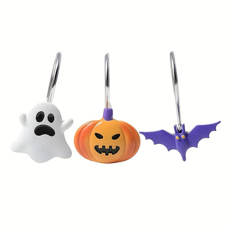 12pcs Halloween Shower Curtain Hooks, Horror Gothic Halloween Bathroom Decoration Accessories, Scary Pumpkin Bats Ghost Ornaments, Decorative Shower Rings, Metal Resin