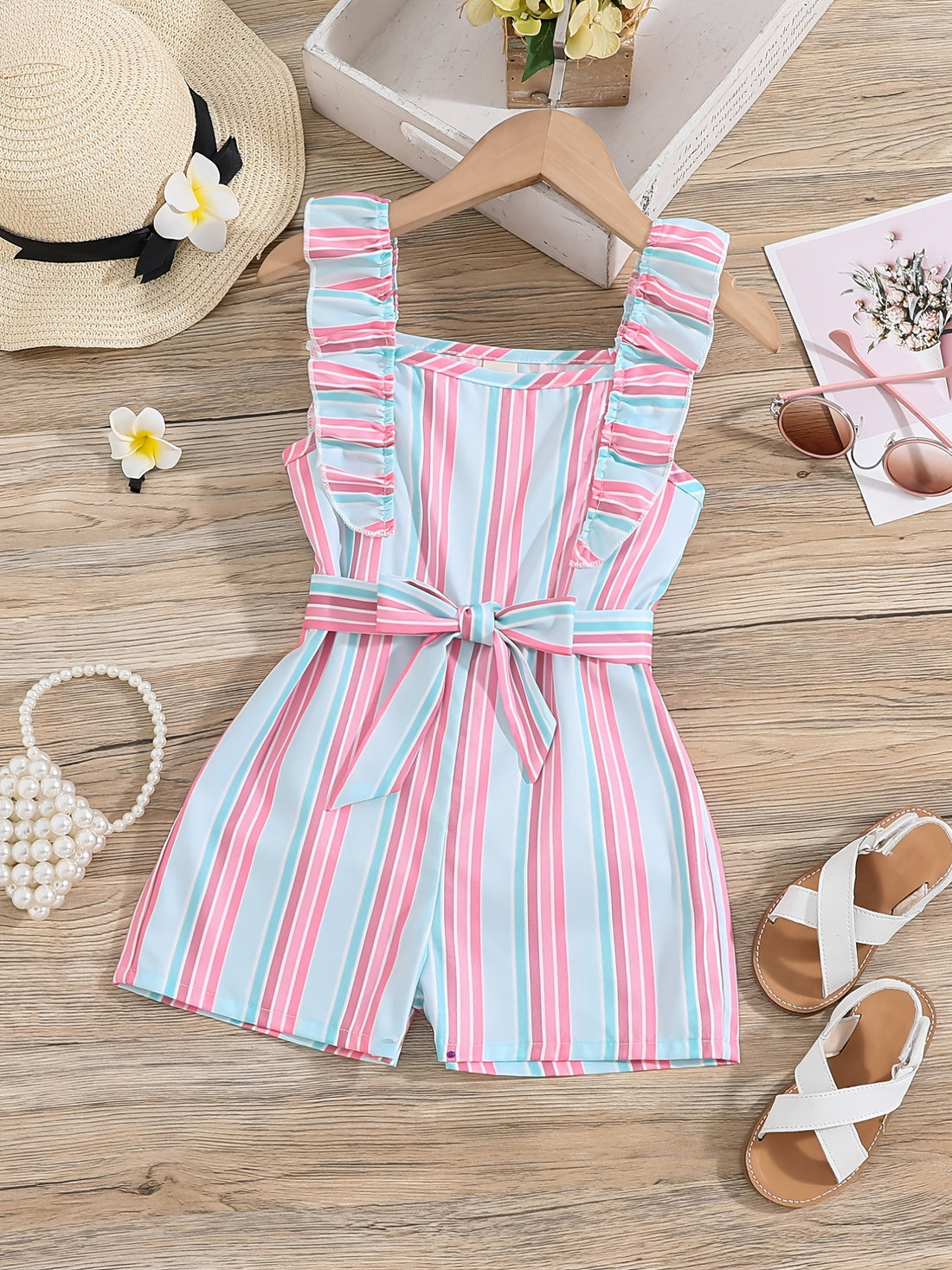 Girls Sleeveless Ruffle Trim Romper Striped Jumpsuit With Belt Kids Summer Clothes