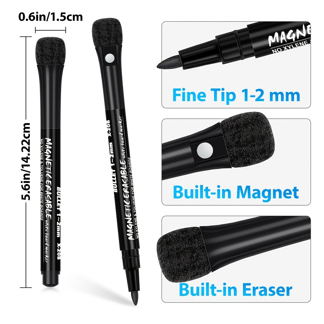 Fine Tip Dry Erase Markers 8pcs, Magnetic Dry Erase Markers With Eraser, Skinny Low Odor White Board Marker Pens Bullet Tip Fine Point Thin Dry Erase Markers For Office Supplies