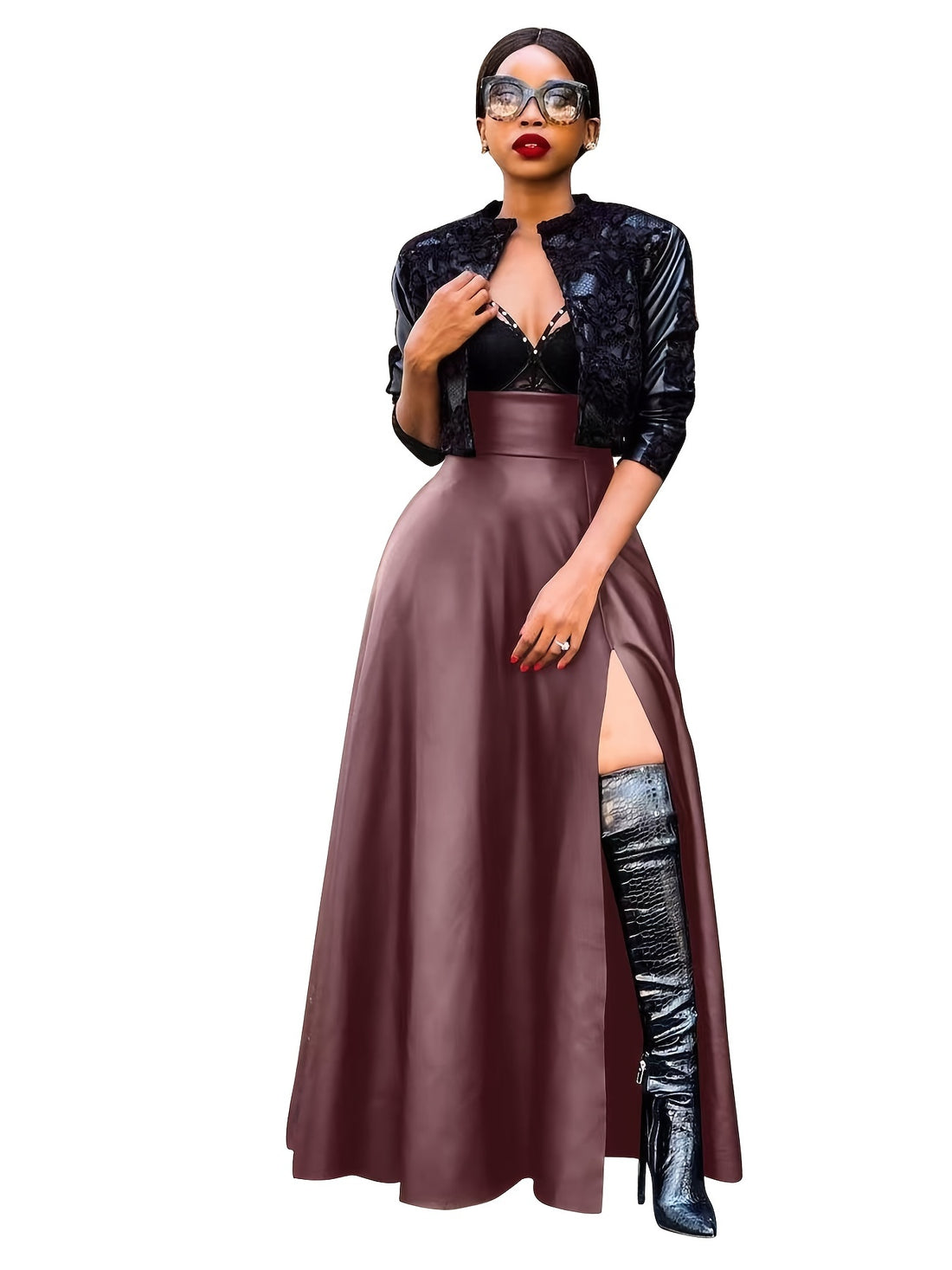 High Waist PU Leather Skirt, Sexy Side Slit Casual Skirt For Spring & Summer, Women's Clothing