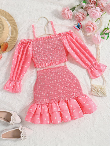 2pcs Cute Girls Polka Dot Heart Graphic Cold Shoulder Top & Layered Hem Skirt Set - Perfect for Summer!