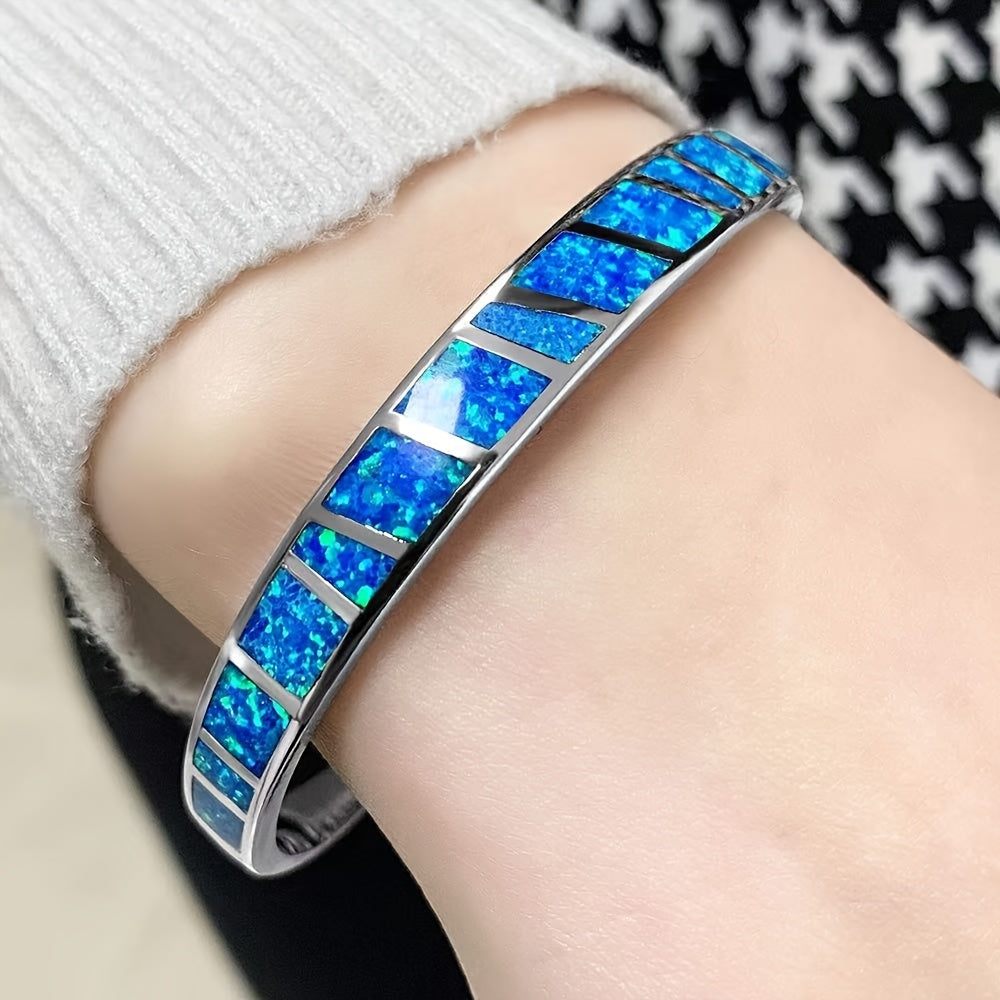 Vintage Blue Opal Open Bracelet - 18K Gold Plated Copper with Synthetic Stones, Adjustable Chain, Elegant & Versatile Jewelry for Daily Wear or Parties, Party Accessory, Classic Style, Durable Bracelet