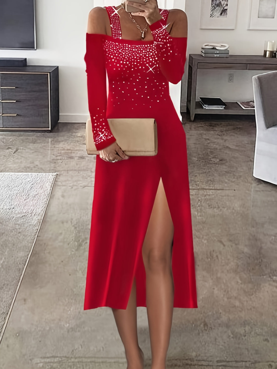 Rhinestone Cold Shoulder Dress, Elegant Long Sleeve Split Dress, Women's Clothing