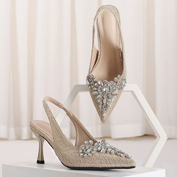 Women'S Rhinestone-Embellished Pointed-Toe Stiletto Heel Pumps - Glamorous Striped Fabric Upper with Adjustable Ankle Straps & Sparkling Embellishments, PU Sole for Spring Formal Events, High Heel Shoes, Formal Footwear, Glam