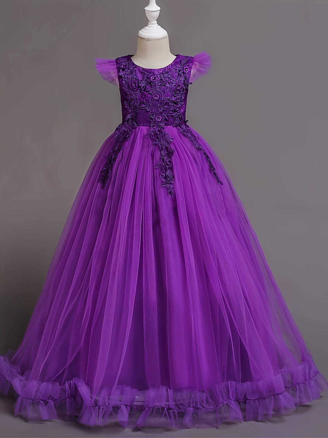 Floral Lace Princess Dress for Girls, Sleeveless Tulle Birthday Party Wedding Evening Gown
