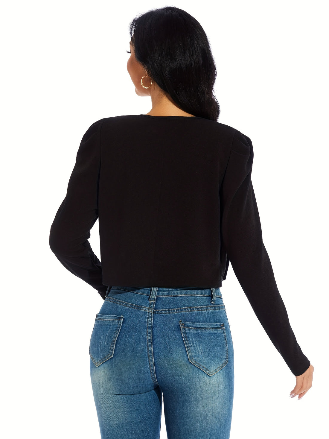 Gigot Sleeve Open Front Crop Jacket, Solid Casual Short Jacket, Women's Clothing