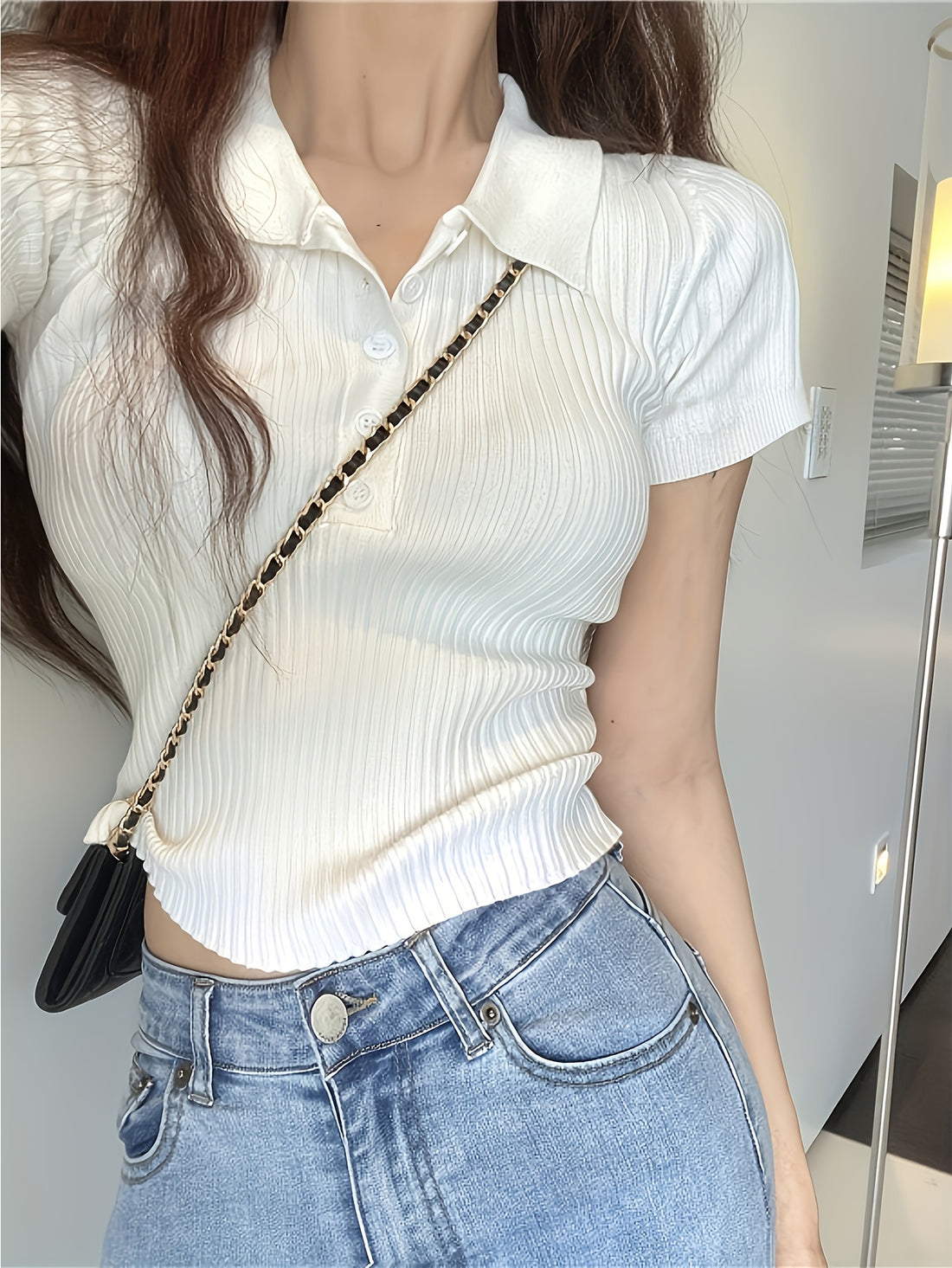 Women'S Summer Viscose Polo Shirt, Casual Solid Color Knit Fabric, High Stretch, Short Crop Top with Button Detail, 27% Polyester 27% Viscose 5% Spandex