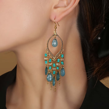 Hollow Teardrop Natural Stone Chain Design Dangle Earrings Alloy Jewelry Exquisite Female Gift Tourism Souvenir
