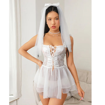 Wedding Headbands Bride Sexy Lingerie Mesh Ruffle Halter Costume Dress With Thong