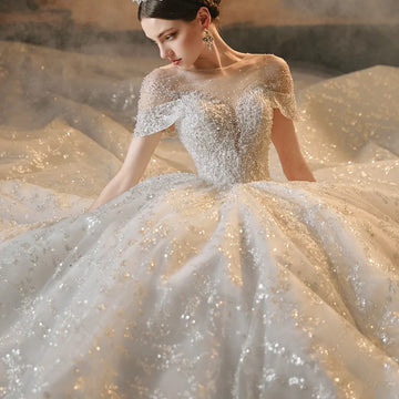 Palace Off the Shoulder Wedding Dresses Sequins Diamond Sequins Applique Boat Neck Ivory Woman Celebrity Bride Gowns LSMX010