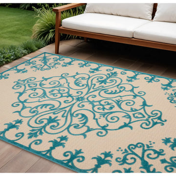 HMS High 10' X 13' Aqua Indoor/Outdoor Area Classic Machine Made Rectangle Square Viscose Polyester PVC Teen Bedrooms Hallways