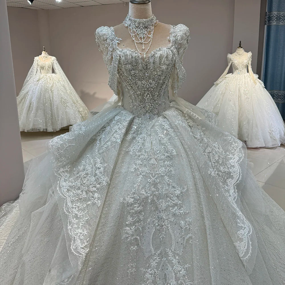 Jancember DW0092 Modern Square Collar Wedding Dress Empire Beaded Puffy Gown Long Lace Skirt Chapel Train Features Floral