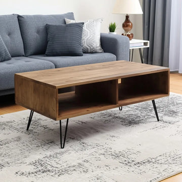 HMS 23\" Convertible Living Room Coffee Table Brown and Black Wood and Metal with Glass Top and Storage Shelf for Entry Use
