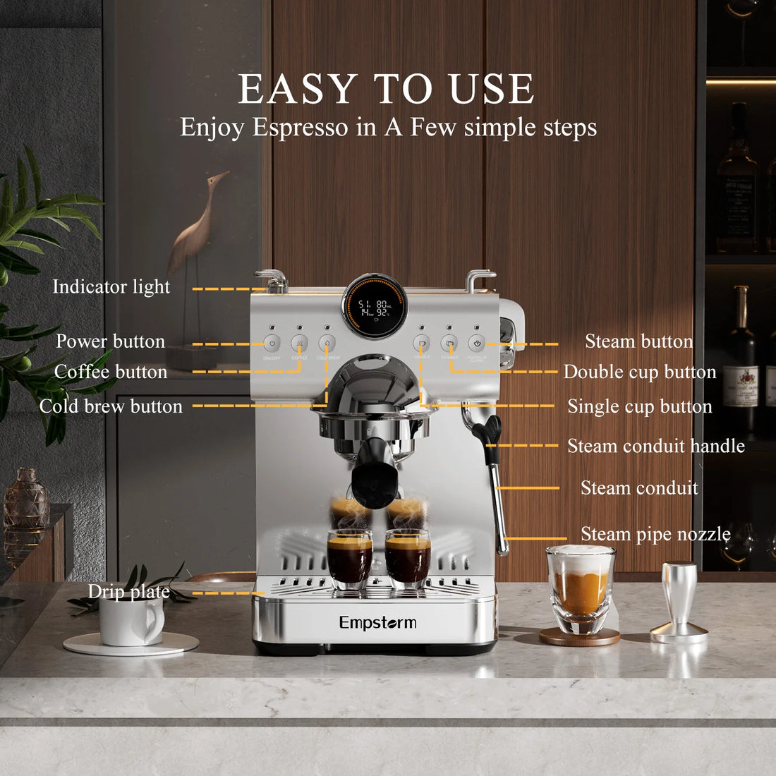 Empstorm Silver Color Cappuccino Latte Maker 120v Semi-auto Electric Cold Brewing Coffee Machine with Milk Frother