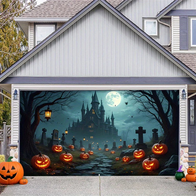 Halloween Garage Door Banner - Horror Castle and Cemetery Scene with Pumpkin Lantern