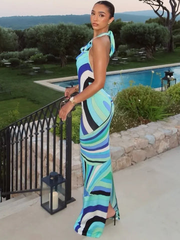Fashion Printed Halter Long Dress for Women Elegant Sleeveless Backless Slim Bodycon Maxi Dresses Chic Summer Beach Party Robes