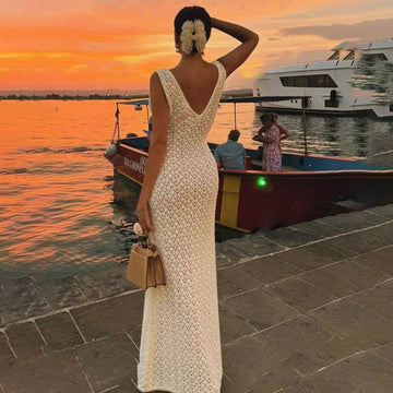 White Hollow Out Kintted Sexy Long Beach Dress for Women Elegant Chic V-neck Backless Sleeveless Holidays Party Dress 2025