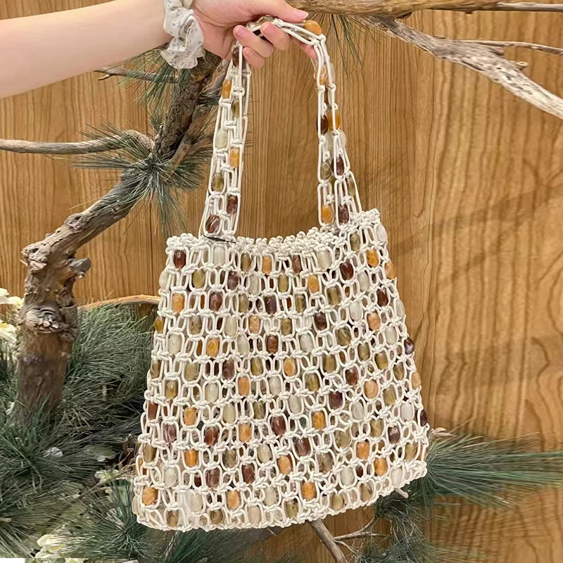 Luxury Purely Handmade Shell Bag Straw Woven Bag Shell Embroidery Tote Bucket Bag Wooden Handle Handbag Evening Clutch Bag