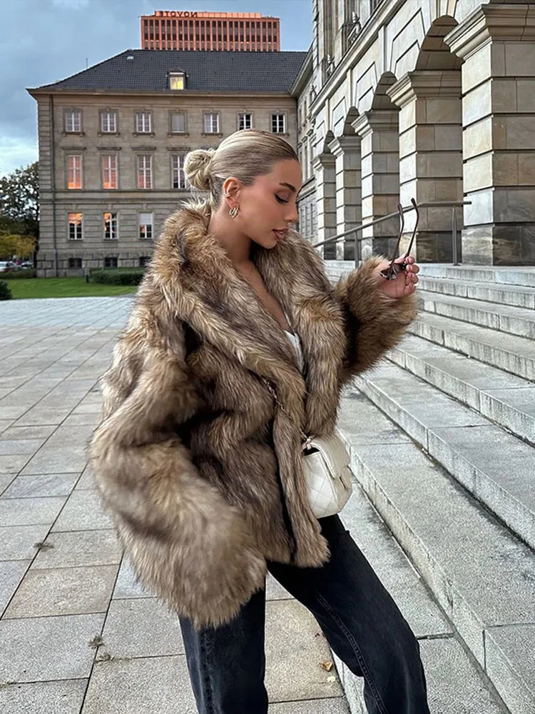 Elegant Brown Fluffy Faux Fur Thicken Jacket Chic Female Lapel Long Sleeves Short Overcoats Autumn Winter Lady Street Outerwear
