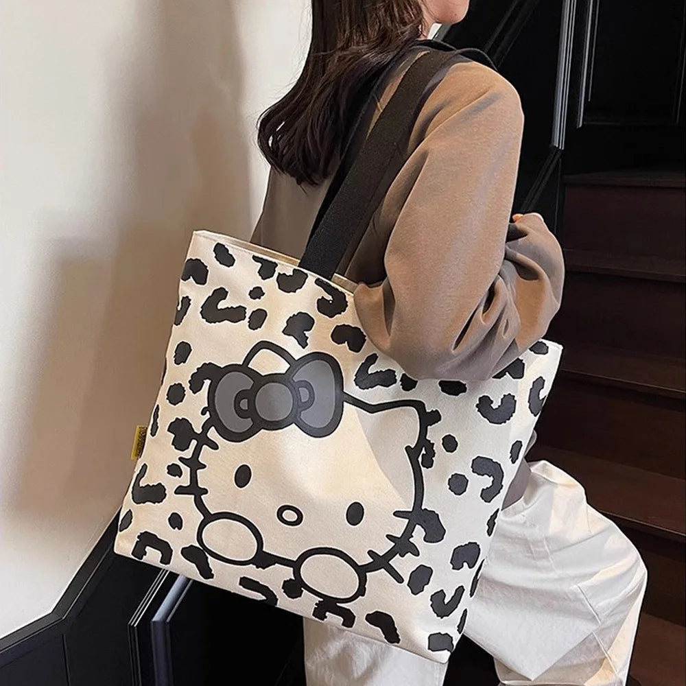 Fashion Retro Hello Kitty Canvas Shoulder Bag Charm Women's Large Capacity Daily Commuting Casual Handbag Girls Birthday Gifts