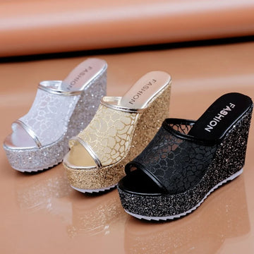 Bling Golden Women Slippers Summer Shoes Platform 4cm Outside Fitting-room 11cm High Heels Wedges Solid Mesh Female Sliver Shoes
