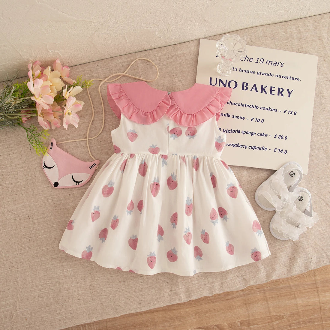 (0-3 Year Old Baby Girl Dress) Summer New Sweet Pink Strawberry Children'S Sleeveless Clothes With Fox Pendant As A Gift