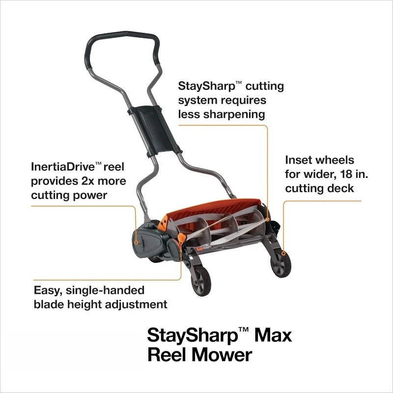 Push Mower - 18" Cut Width Manual Reel Mower with No Motor - Grass Cutter with Steel Blades that Stay Sharp - Eco-Friend