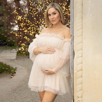 Maternity Mesh Photography Gown Long Sleeves Off-shoulder Elegant Summer Short Dress for Baby Shower Photoshoot