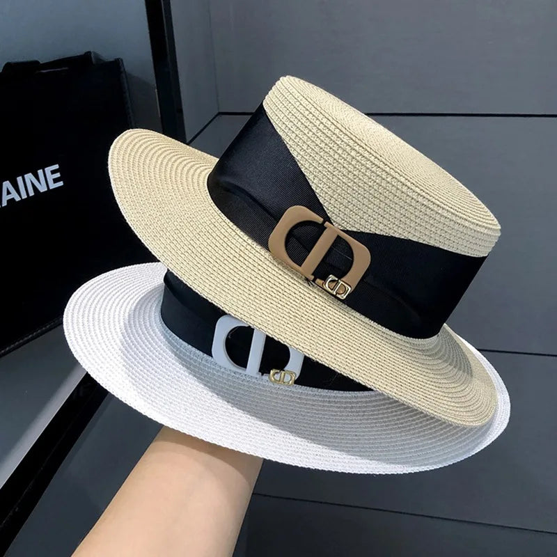 Summer Women's Law Test Flat Top Straw Hat Travel Seaside Vacation Sunshade Sunscreen Hat Casual Versatile Straw Sun Hat