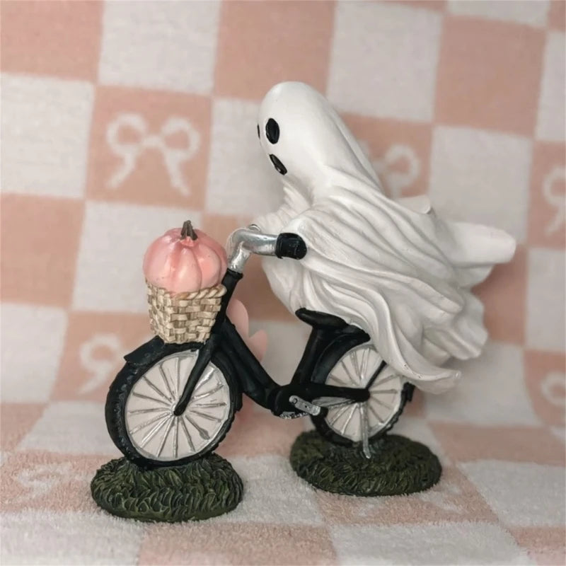 Halloween Themed Ghostly with Pumpkin Riding Bicycles Figurine Decorative Resins Statue Sculpture Party Decors Ornament