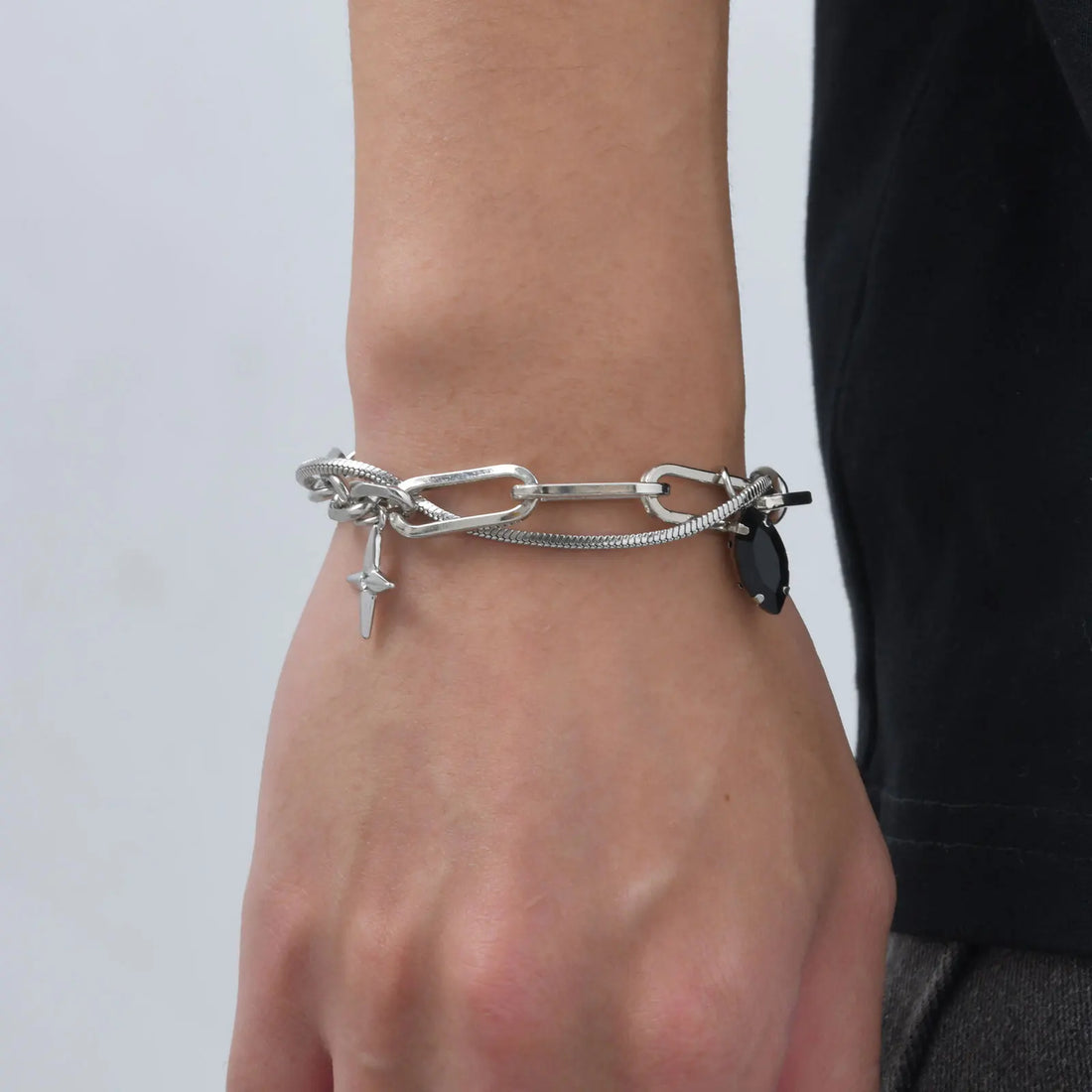 Vnox Simple Stacked Snake Chain Bracelets, Men Stainless Steel Paperclip Links Bracelets Cross Charm Pendant  Adjustable Jewelry