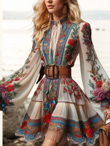 Floral Printed Elegant Dress Lantern Sleeve Lace-up High Waist Pleated A-Line Mini Dress Vintage Ethnic Mini Dresses 2025