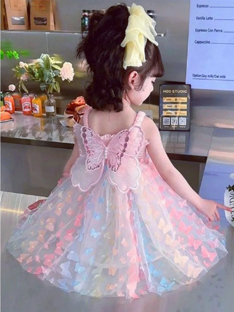 Stereoscopic Big Butterfly Decoration Gauze Cotton Sling Dress Kids Girs Vestido Summer Princess Christmas Birthday Party Dress