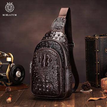 SCHLATUM men's Genuine Leather vintage Crocodile Pattern Chest Bag luxury men crossbody Travel bag multifunction sling bags