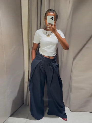 Chic Stripe Printed Pleated Pants For Women Fashion Pocket High Waist Wide Leg Casual Long Trouser Lady 2025 Autumn Streetwear