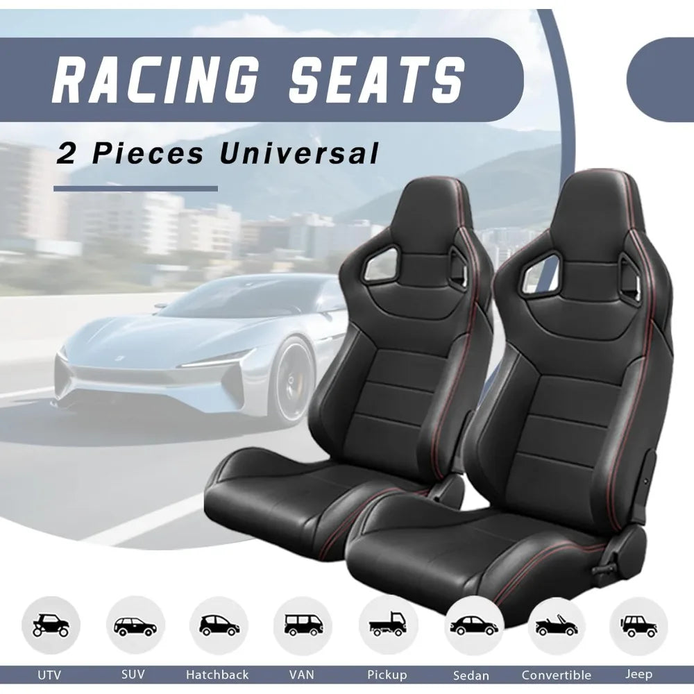 2 Pieces Universal Racing Seats with Dual Lock Sliders, 1 Pair PVC Leather Bucket Seats for Cars (Black)