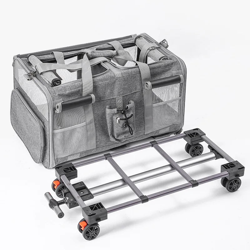 Double-layer Pet Stroller Cat Carrier Large Capacity Two Breathable Foldable Two-compartment Isolation Pet Trolley Box