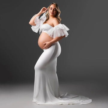 Maternity Ouifits 2Pc Organza Sleeves Tube Top and Mermaid Hem Maxi Dress for Baby Shower Photoshoot