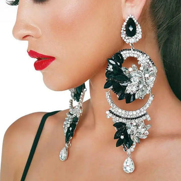 2024 Bling Oversize Flower Dangle Earrings Women Ear Accessories Party Elegant Black Crystal Drop Earrings Wedding Jewelry Gift