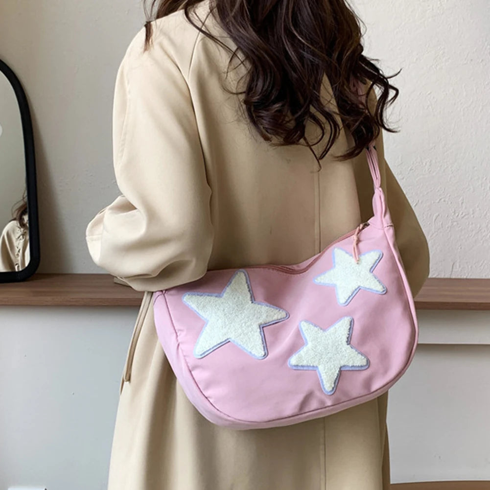Women Star Shoulder Bag Versatile Crossbody Sling Bag Adjustable Strap Pentagram Satchel Bag Zipper Tote Bag Student Book Bag
