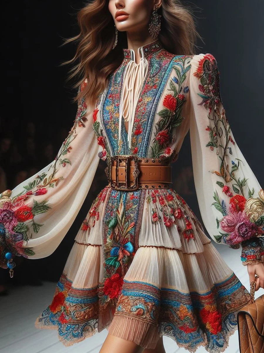 Floral Printed Elegant Dress Lantern Sleeve Lace-up High Waist Pleated A-Line Mini Dress Vintage Ethnic Mini Dresses 2025