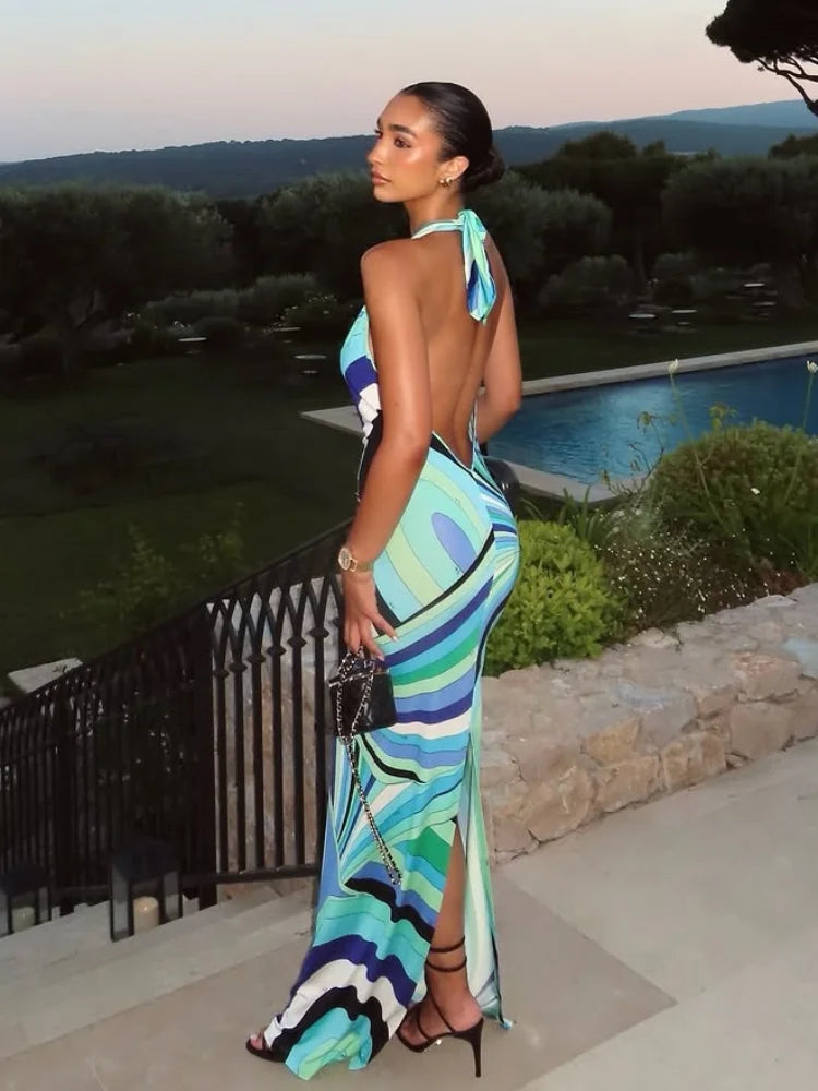 Fashion Printed Halter Long Dress for Women Elegant Sleeveless Backless Slim Bodycon Maxi Dresses Chic Summer Beach Party Robes