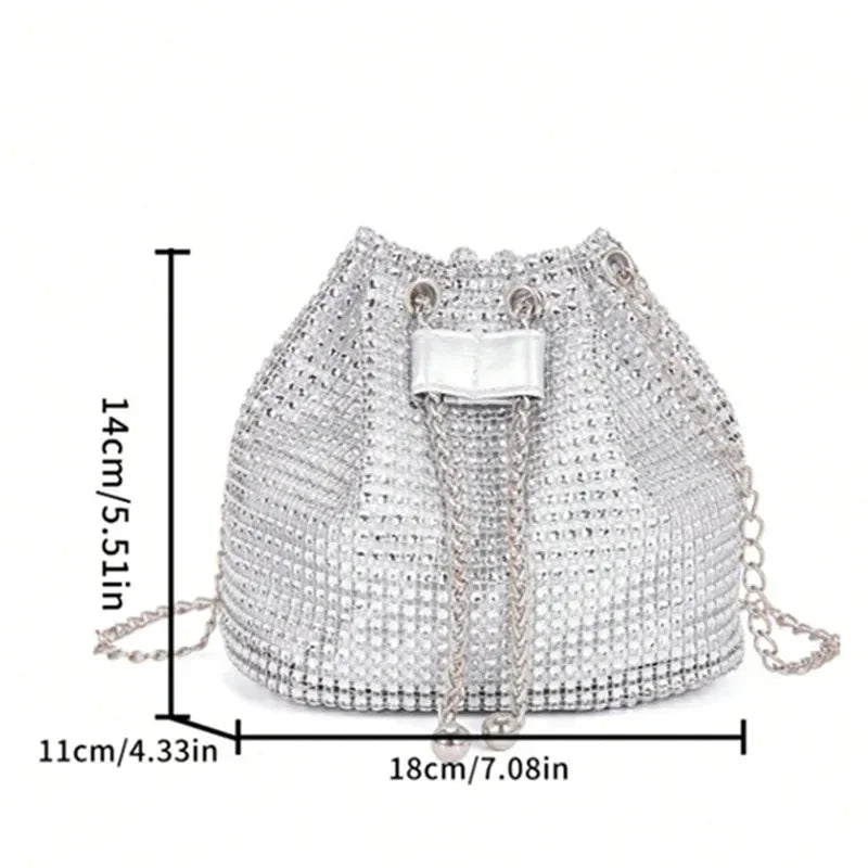 Sparkling Rhinestone Embellished Drawstring Crossbody Bag, Multi-Functional Bucket Purse, Formal Handbag for Women Daily Commute