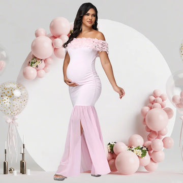 Maternity Floral off Shoulder Long Dress Chiffon Split Hem Photography Props Gown for Baby Shower